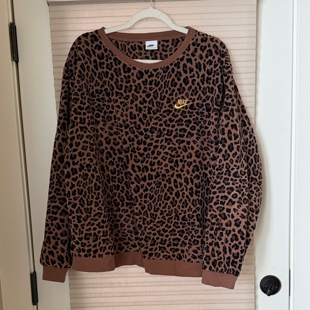 Nike Brown and Black Leopard Print Crewneck Fleece